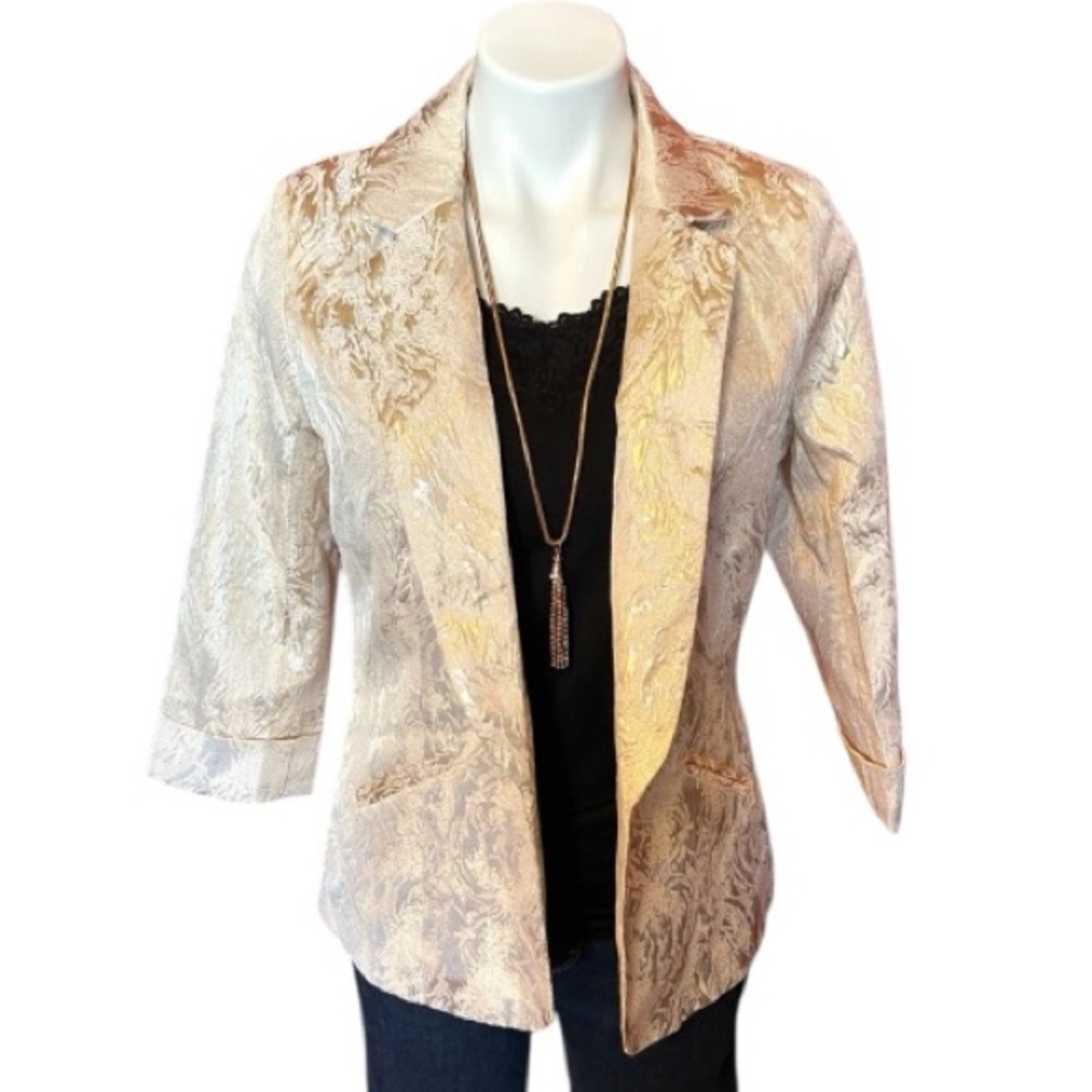 Mela London Blazer Gold Lame 3/4 Sleeves Lapel & Folded Cuffs Lined Wmn L Jacket